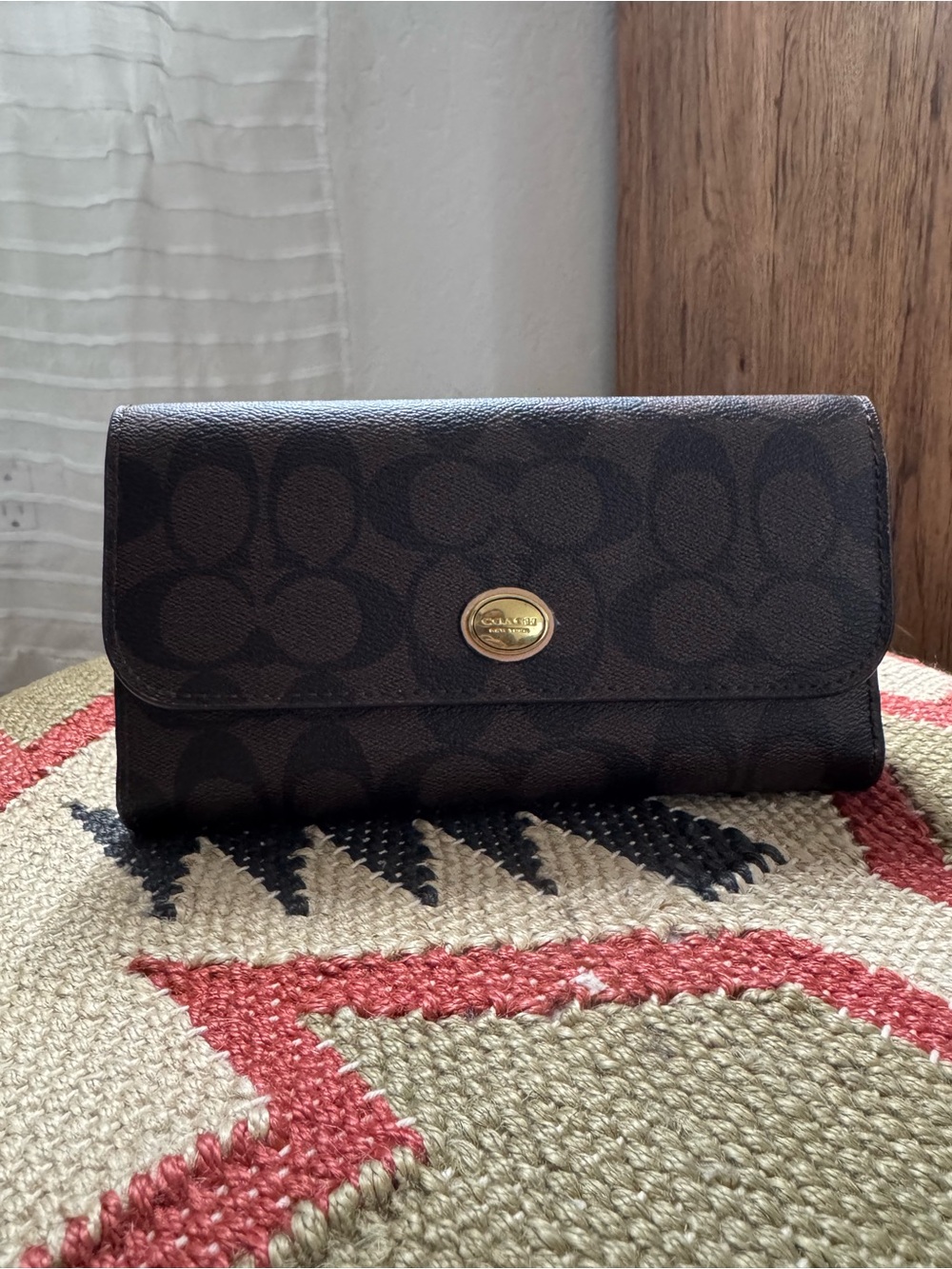 Coach Dark Brown Signature Canvas Fold Wallet with Gold Accent